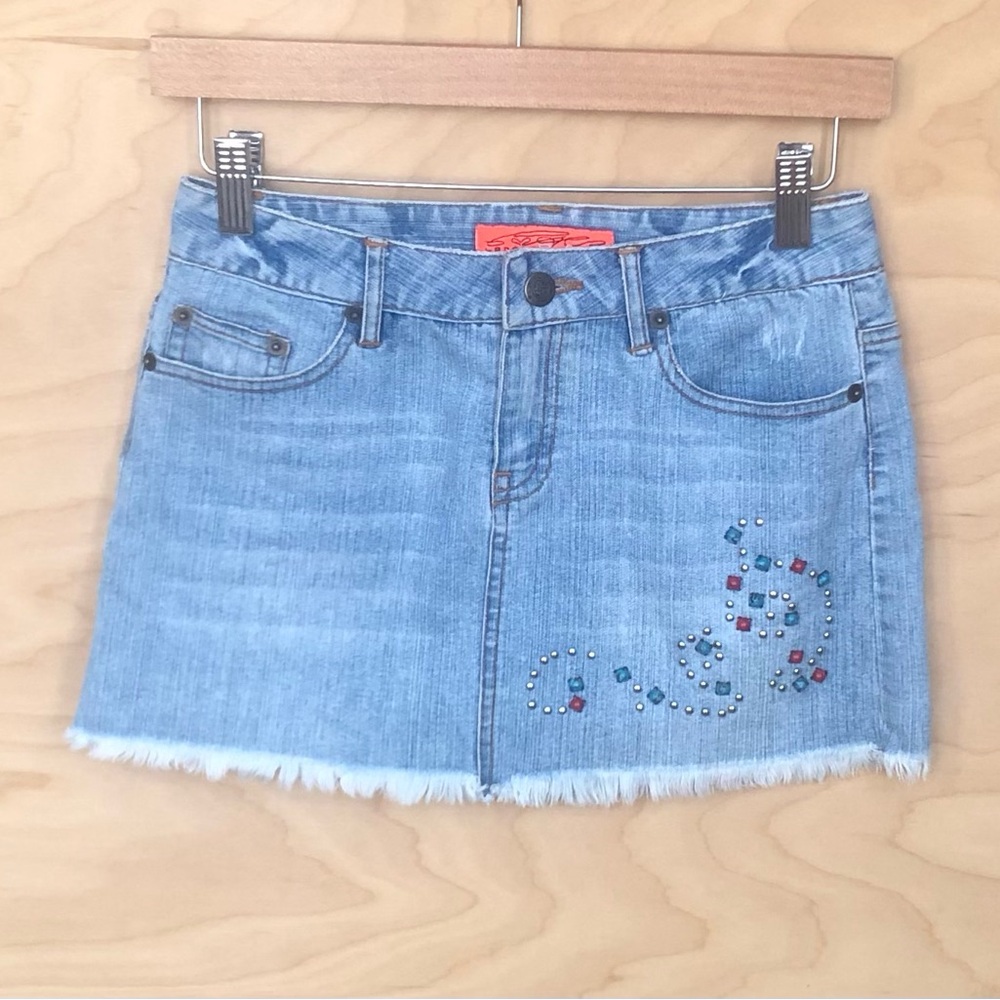 London PAC Y2K Jean Mini Skirt Blue Studded Frayed Hem Womens XS.
